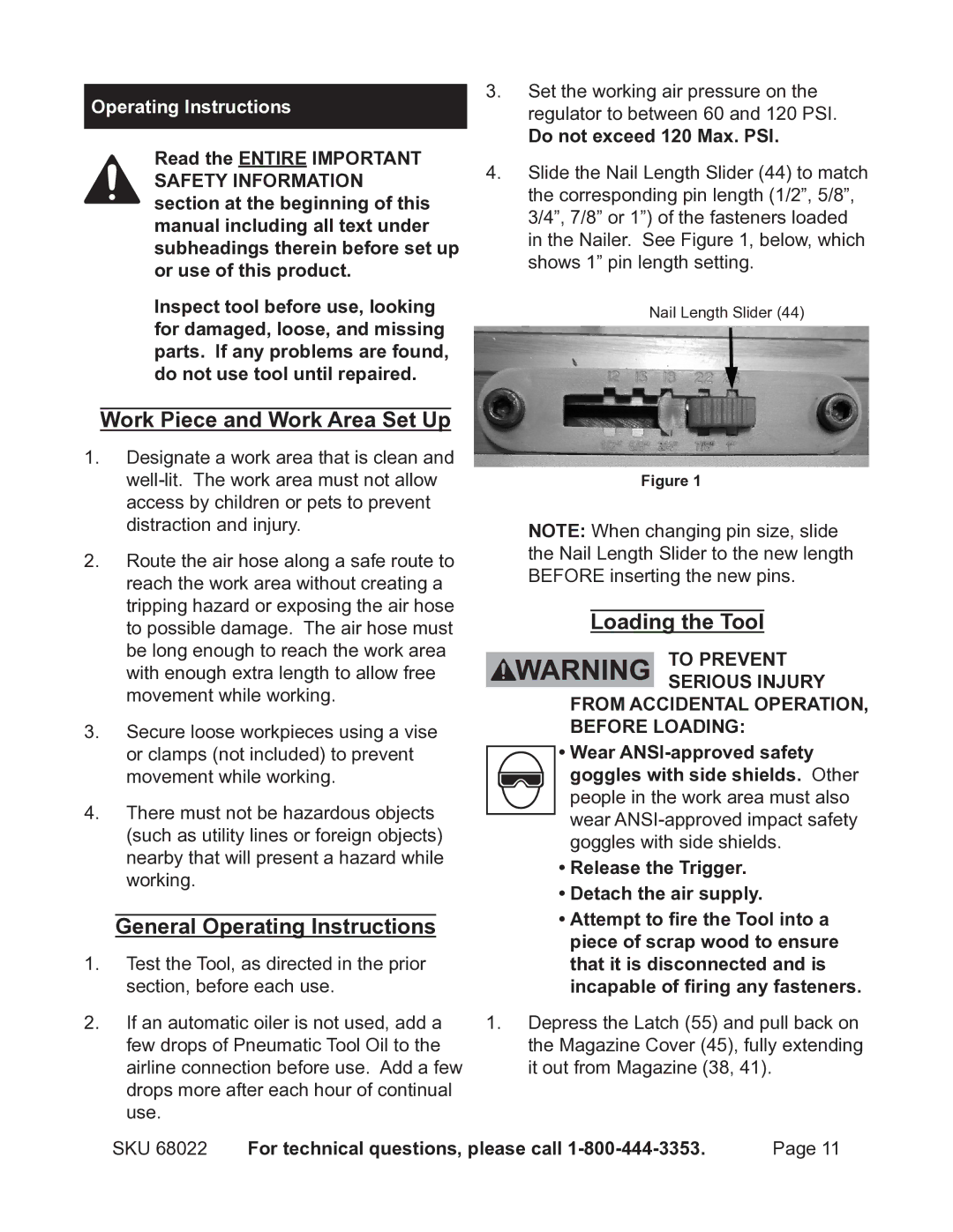 Astro Pneumatic 68022 Work Piece and Work Area Set Up, General Operating Instructions, Loading the Tool 