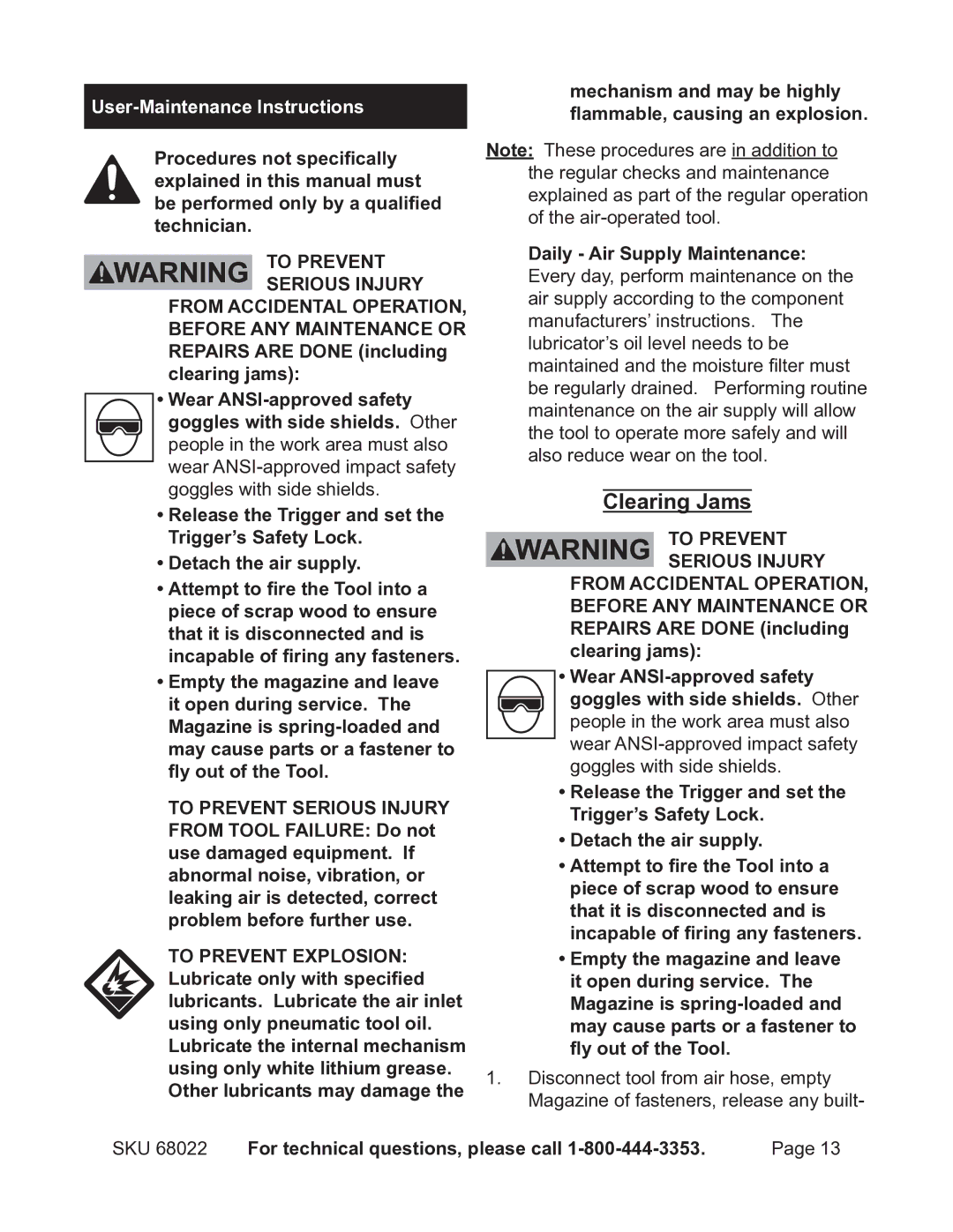 Astro Pneumatic 68022 operating instructions User-Maintenancs, Clearing Jams, User-Maintenance Instructions 