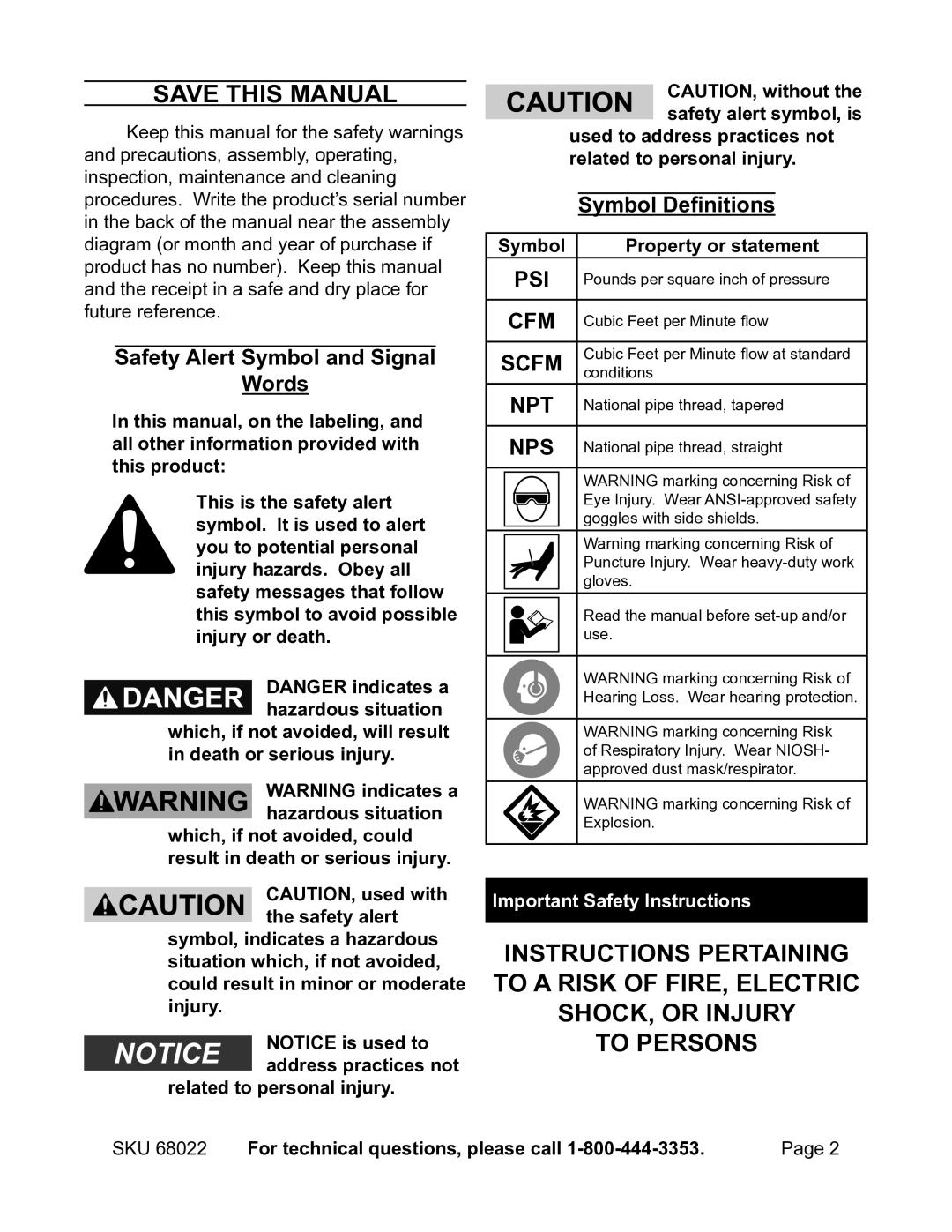 Astro Pneumatic 68022 Save this Manual, Safety Alert Symbol and Signal Words, Symbol Property or statement 