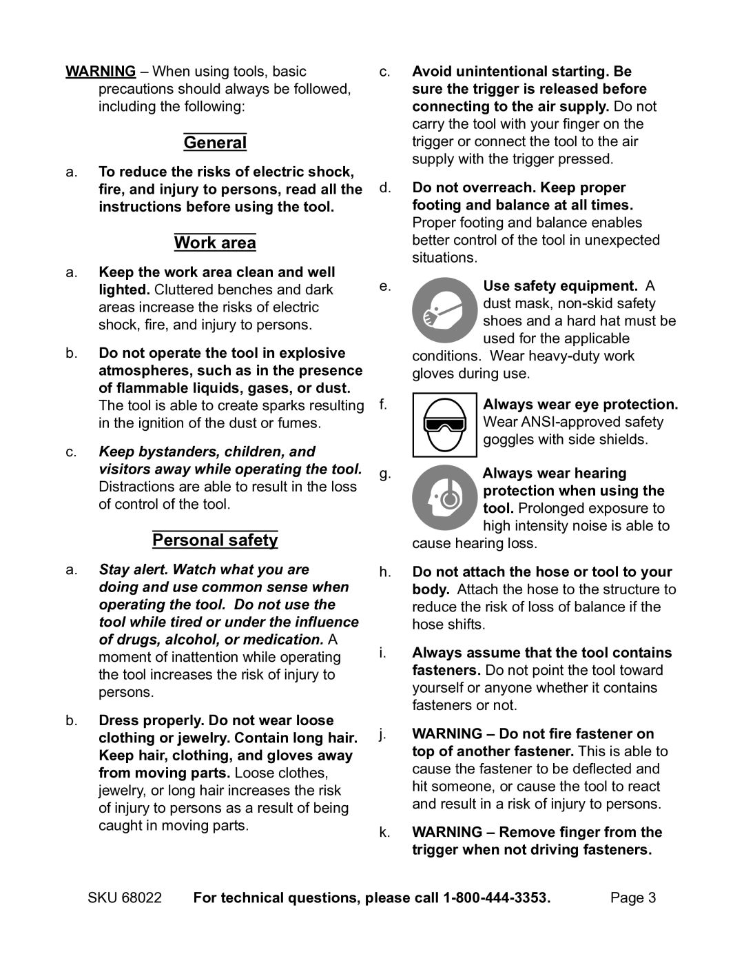 Astro Pneumatic 68022 operating instructions General, Work area, Personal safety 