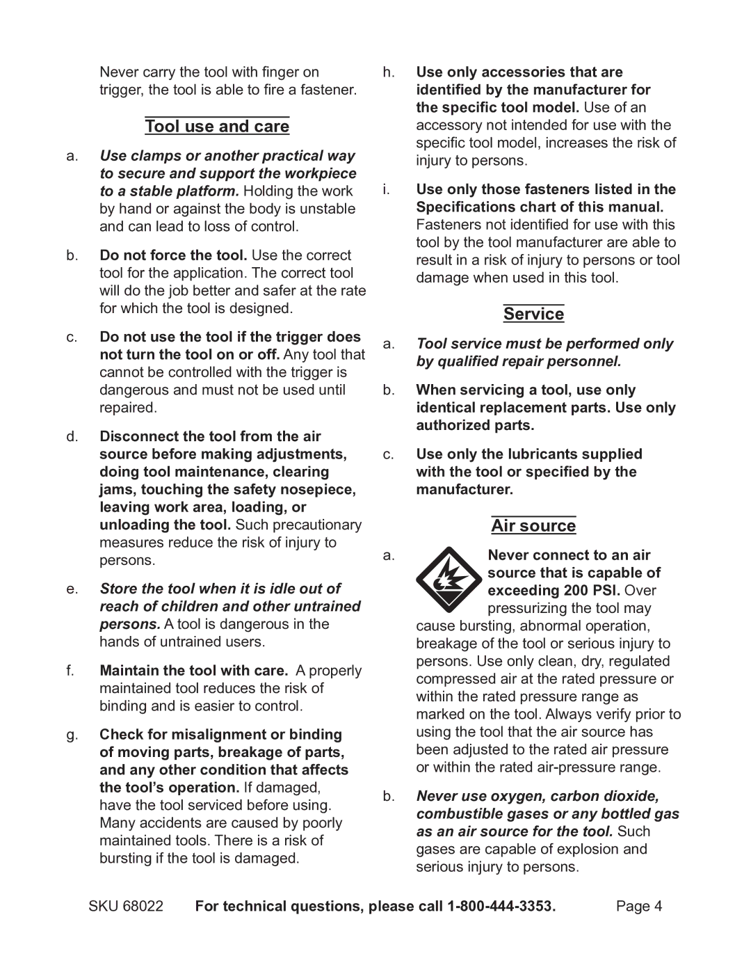 Astro Pneumatic 68022 operating instructions Tool use and care, Service, Air source 