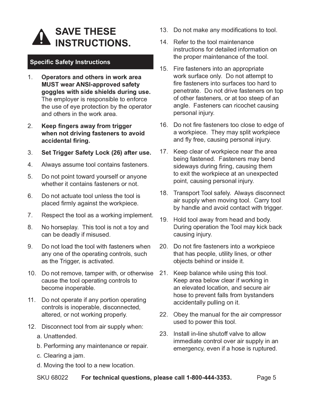 Astro Pneumatic 68022 operating instructions Save These Instructions 