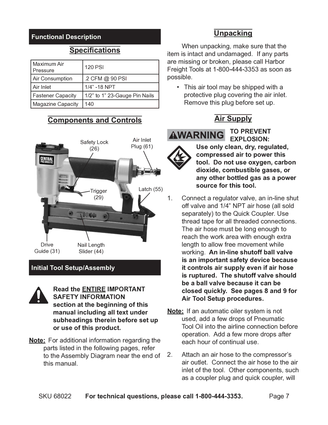 Astro Pneumatic 68022 Functional Description, Specifications, Unpacking, Components and Controls, Air Supply 