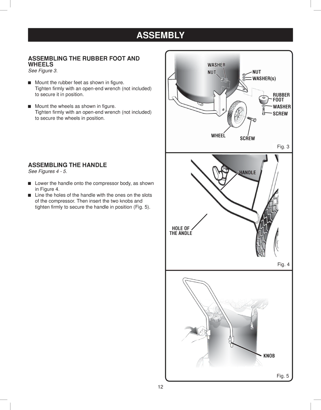 Astro Pneumatic 68127 operating instructions Assembling the Rubber Foot and Wheels, Assembling the Handle, See Figures 4 