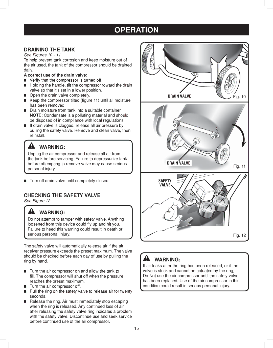 Astro Pneumatic 68127 operating instructions Draining the Tank, Checking the Safety Valve, See Figures 10 