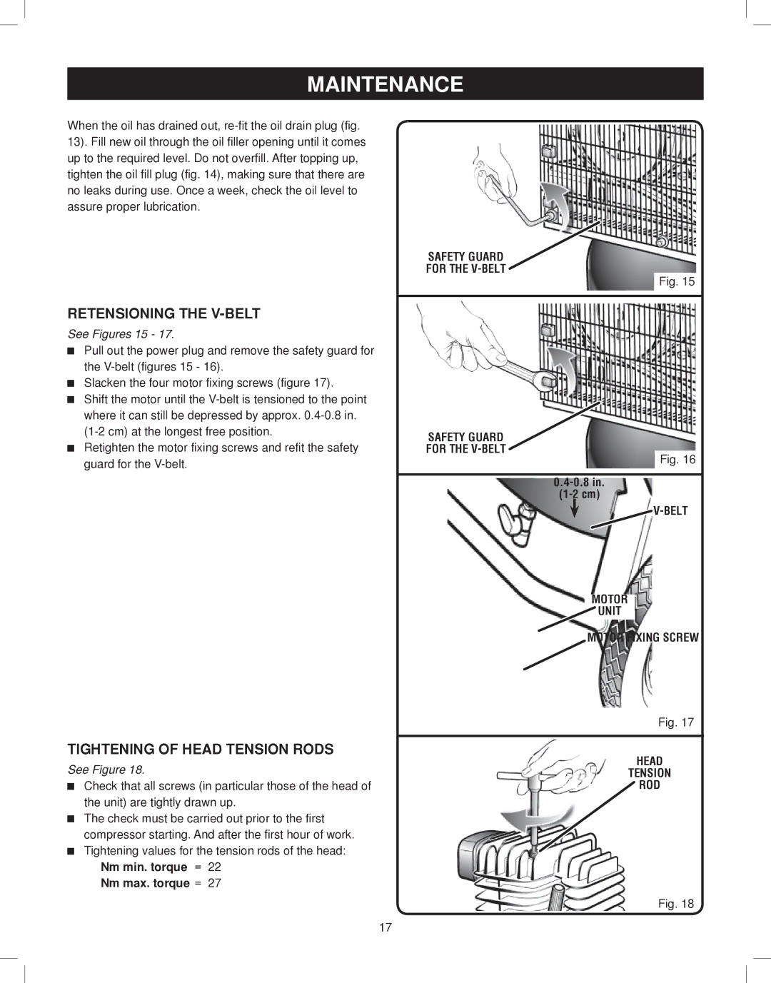 Astro Pneumatic 68127 operating instructions Retensioning the V-BELT, Tightening of Head Tension Rods, See Figures 15 