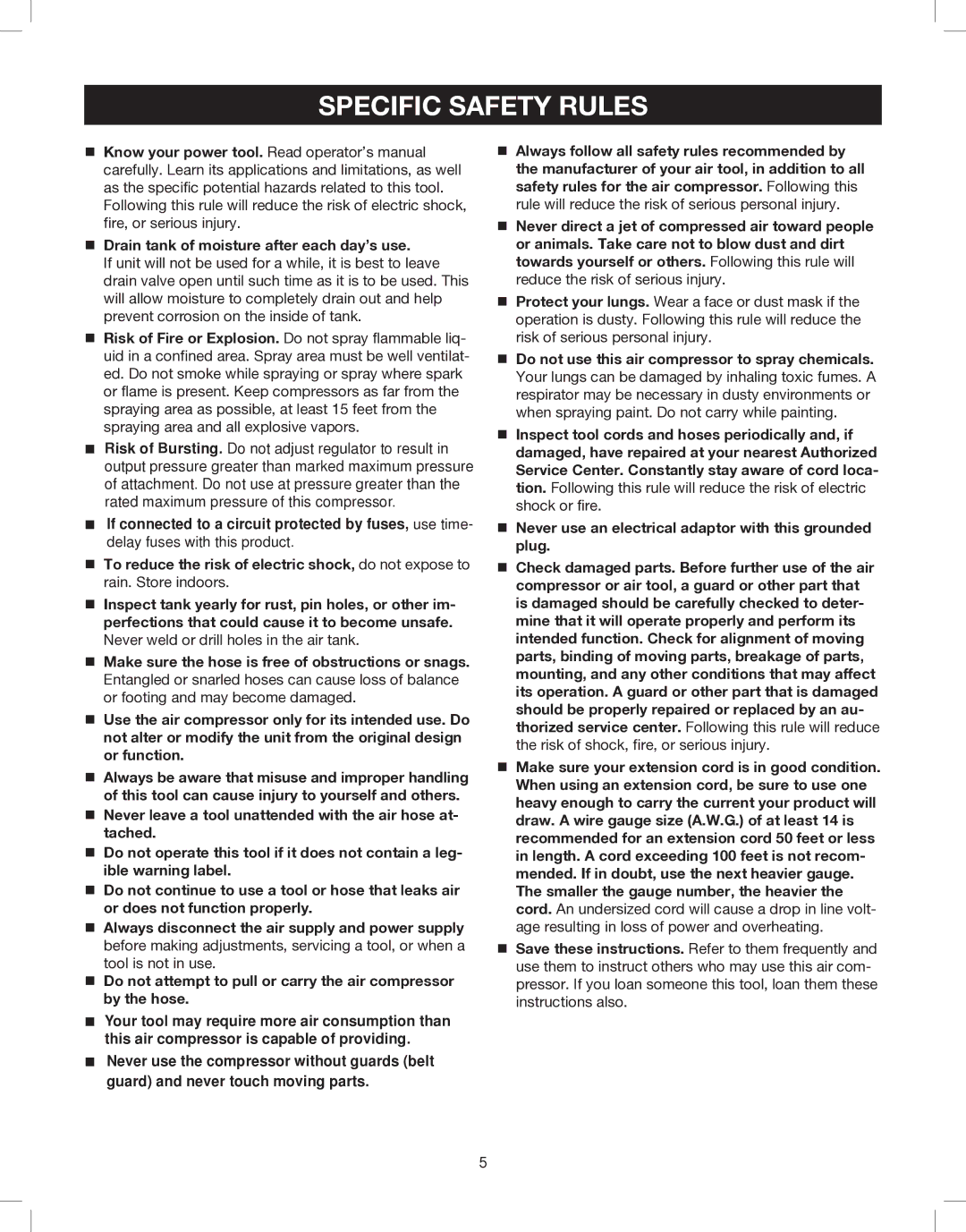 Astro Pneumatic 68127 operating instructions Specific Safety Rules, „ Drain tank of moisture after each day’s use 