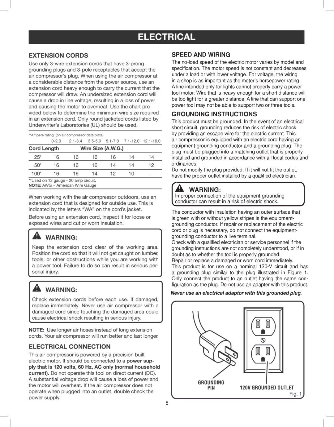 Astro Pneumatic 68127 operating instructions Speed and Wiring, Grounding Instructions 