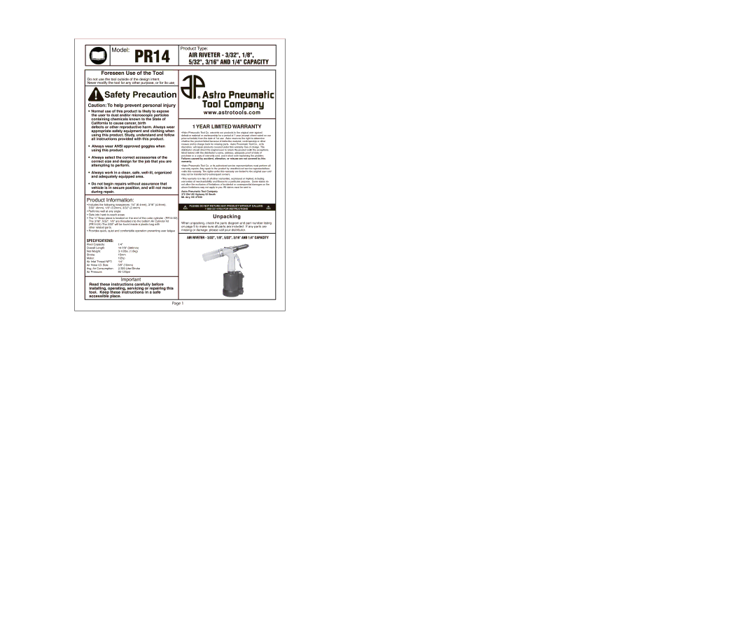 Astro Pneumatic PR14 warranty 