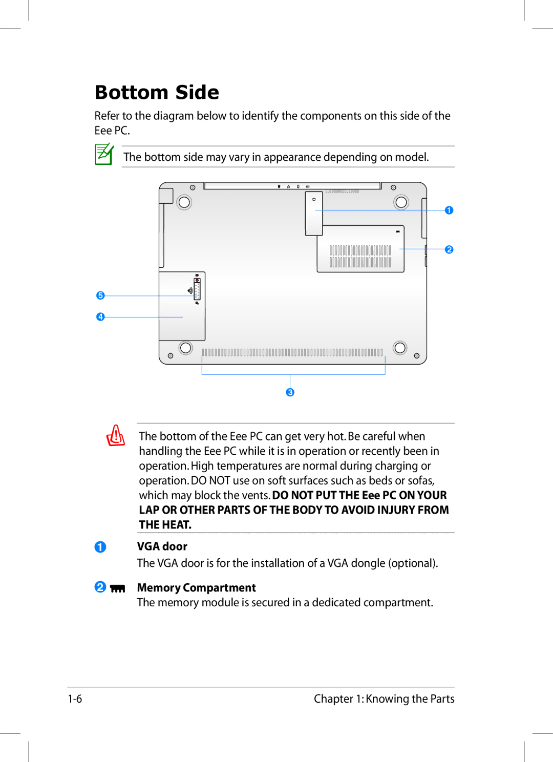 Asus 1008P-KR-PU27-PI user manual Bottom Side, VGA door, Memory Compartment 