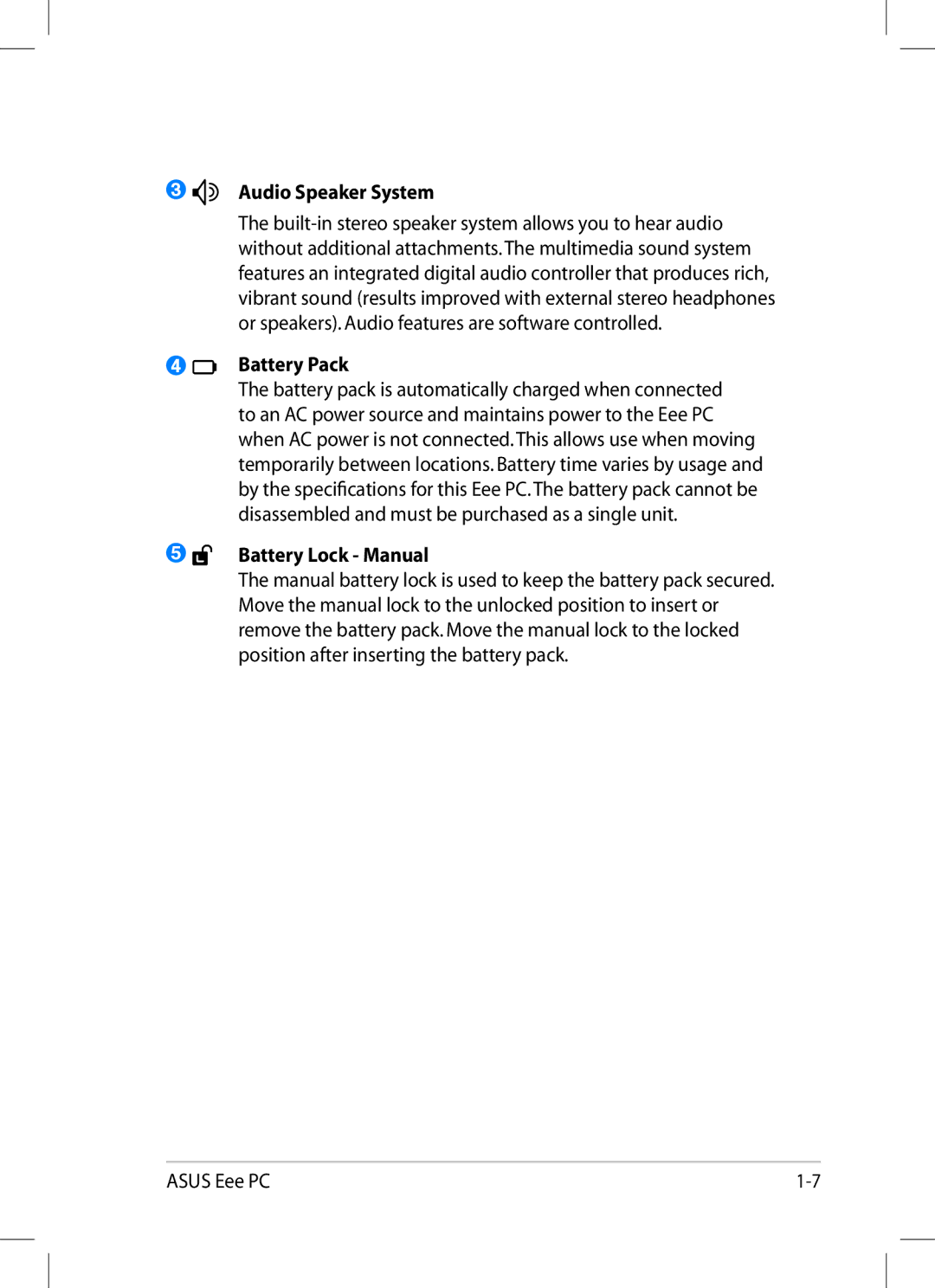 Asus 1008P-KR-PU27-PI user manual Battery Pack, Battery Lock Manual 