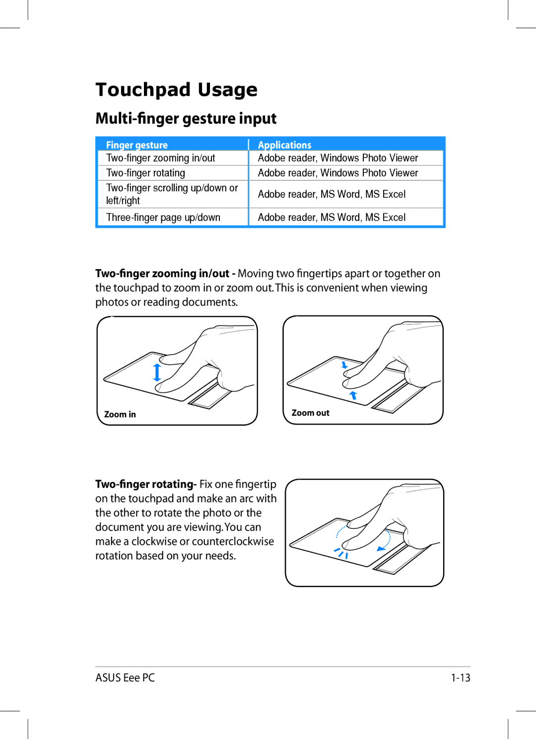 Asus 1008P-KR-PU27-PI user manual Touchpad Usage, Multi-finger gesture input 