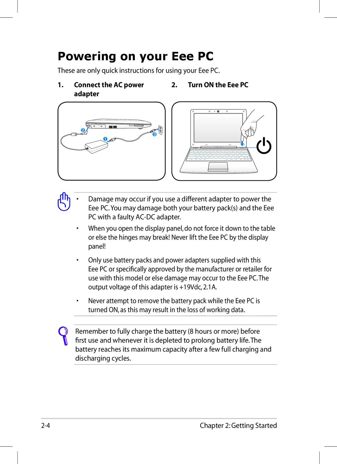 Asus 1008P-KR-PU27-PI user manual Powering on your Eee PC, Connect the AC power Turn on the Eee PC Adapter 