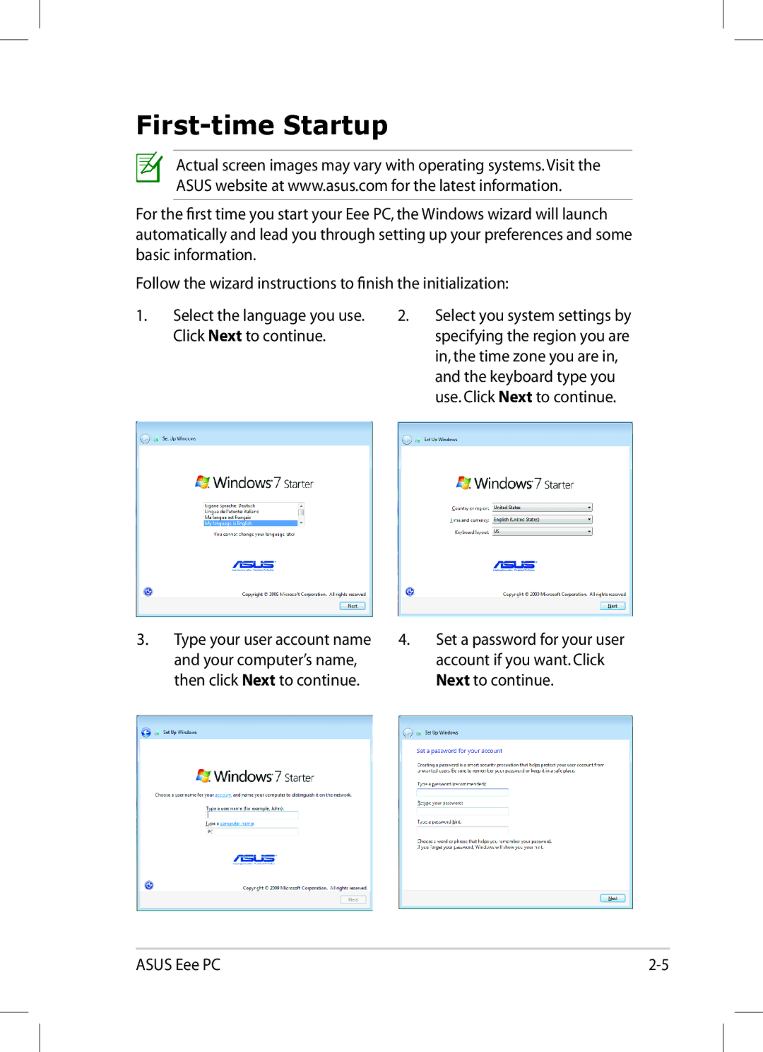 Asus 1008P-KR-PU27-PI user manual First-time Startup 