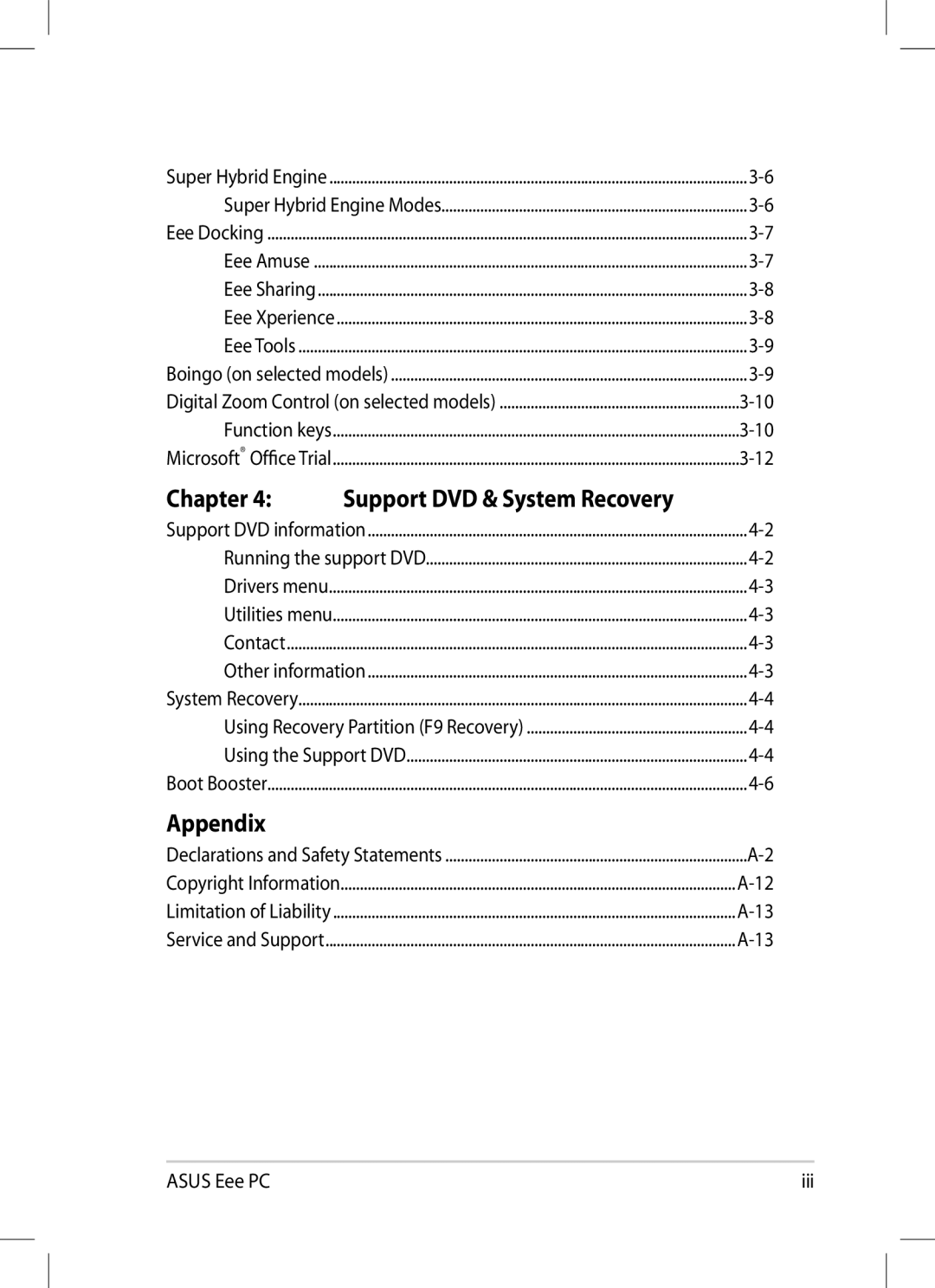 Asus 1008P-KR-PU27-PI user manual Chapter, Support DVD & System Recovery 