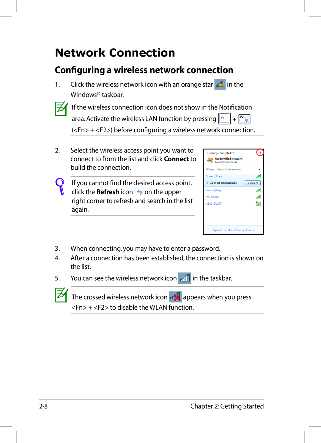 Asus 1008P-KR-PU27-PI user manual Network Connection, Configuring a wireless network connection 