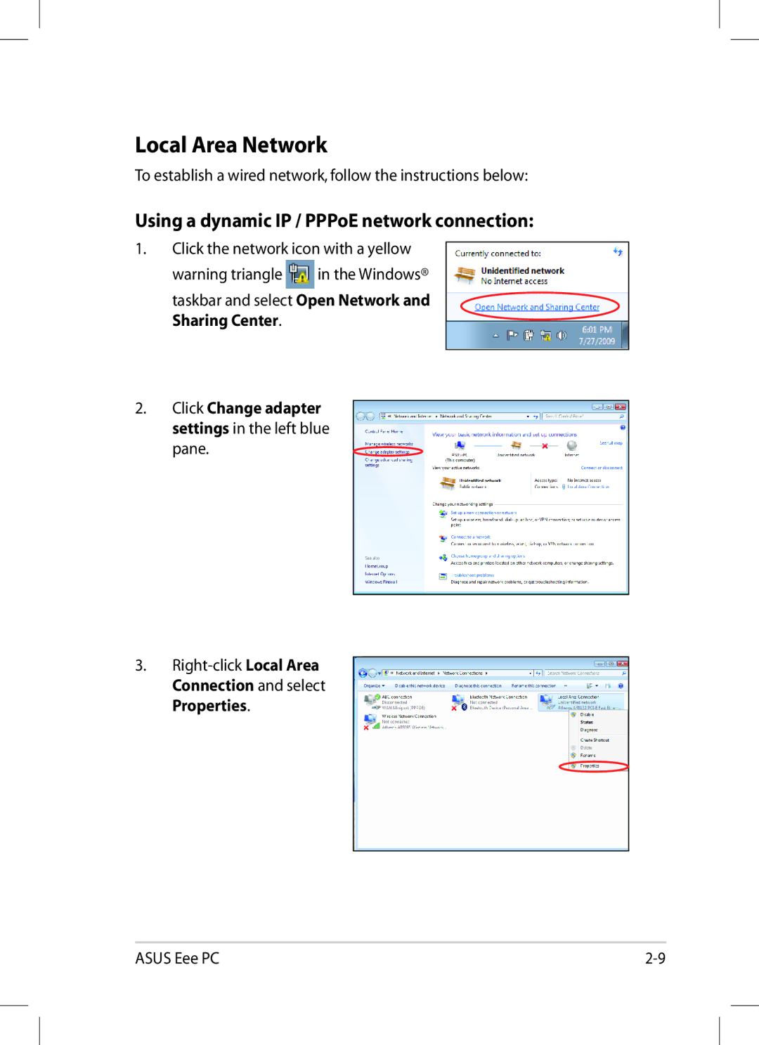 Asus 1008P-KR-PU27-PI user manual Local Area Network, Using a dynamic IP / PPPoE network connection 