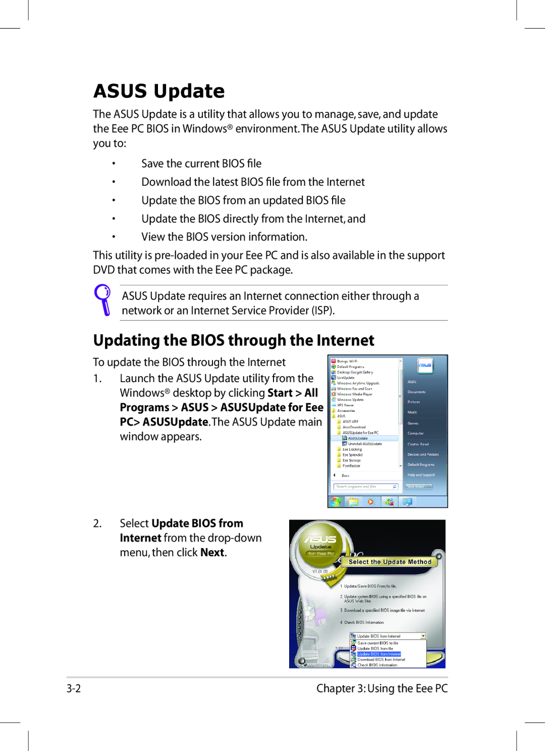 Asus 1008P-KR-PU27-PI user manual Asus Update, Updating the Bios through the Internet 