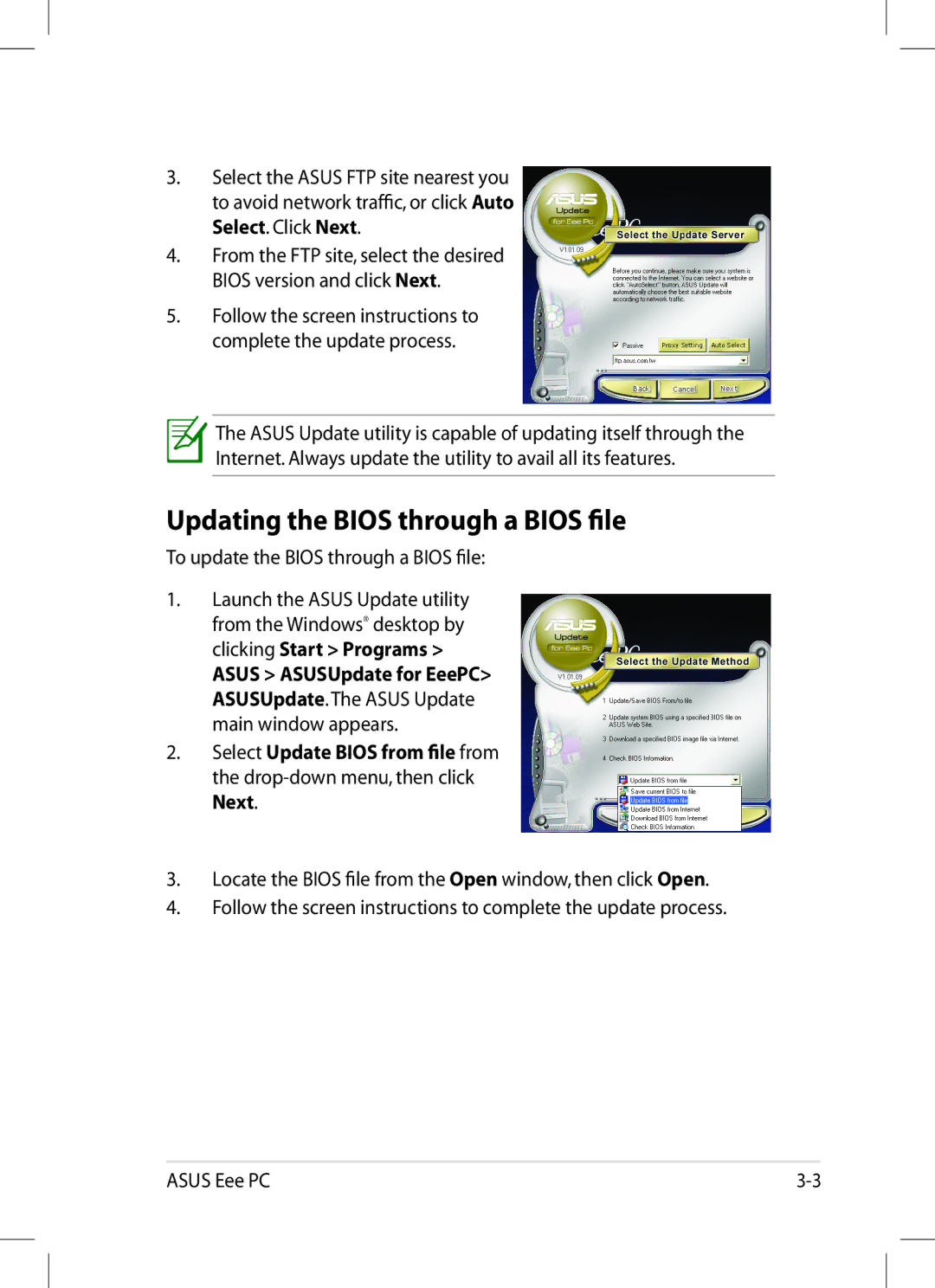 Asus 1008P-KR-PU27-PI user manual Updating the Bios through a Bios file, To update the Bios through a Bios file 