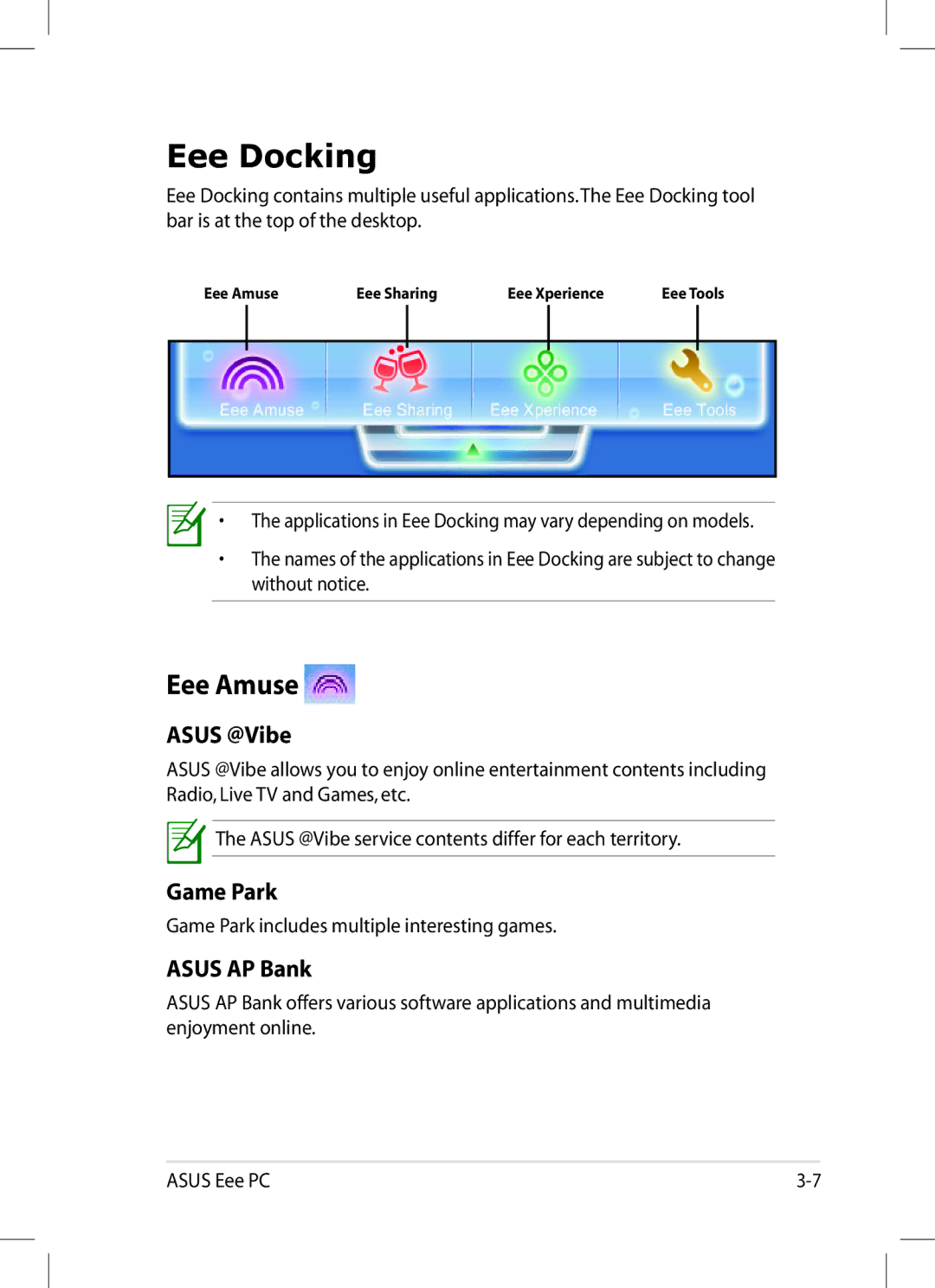 Asus 1008P-KR-PU27-PI user manual Eee Docking, Eee Amuse, Asus @Vibe, Game Park, Asus AP Bank 