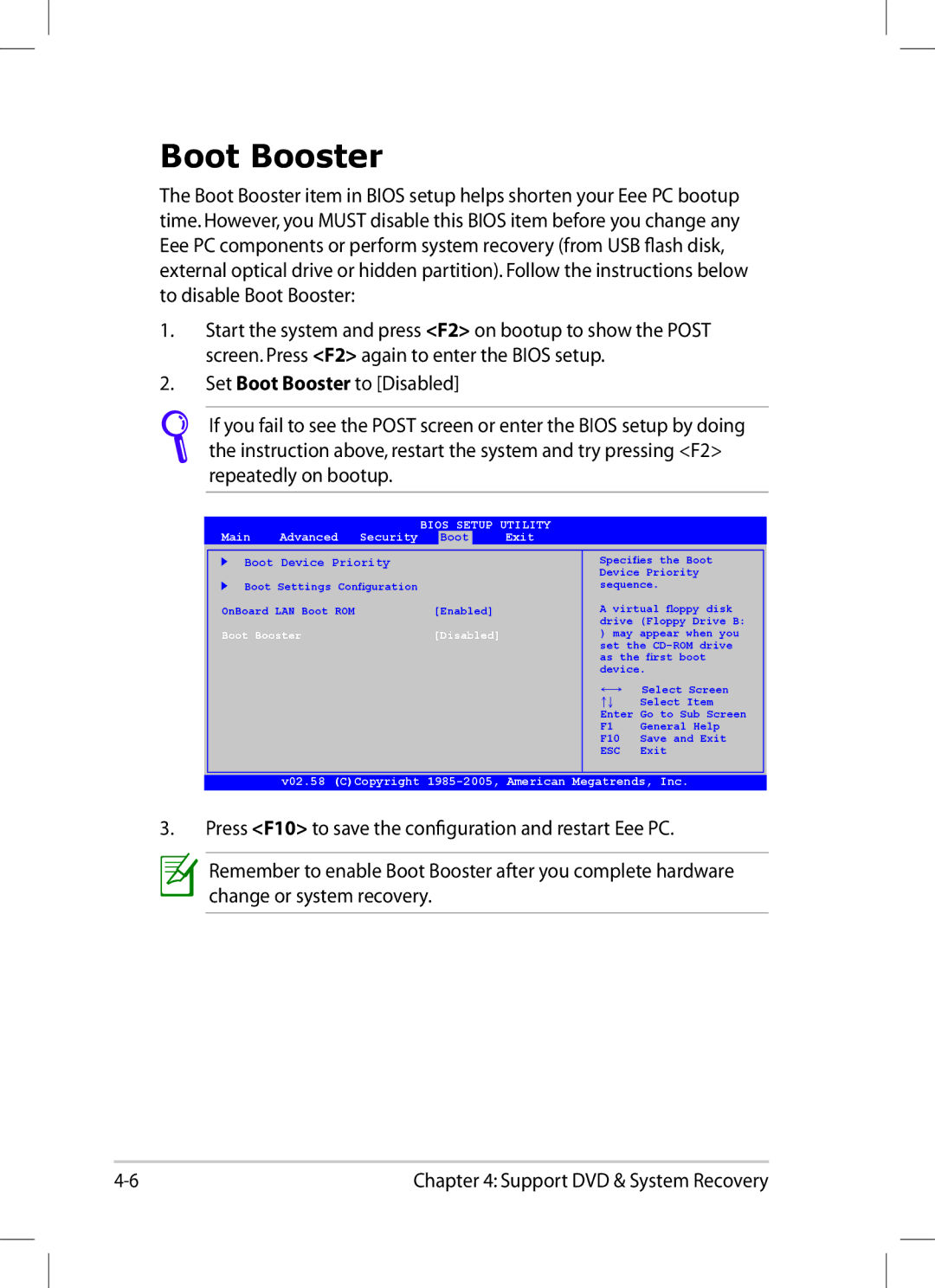 Asus 1008P-KR-PU27-PI user manual Boot Booster, Bios Setup Utility 