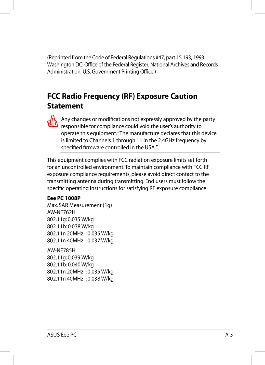 Asus 1008P-KR-PU27-PI user manual FCC Radio Frequency RF Exposure Caution Statement, Eee PC 1008P 