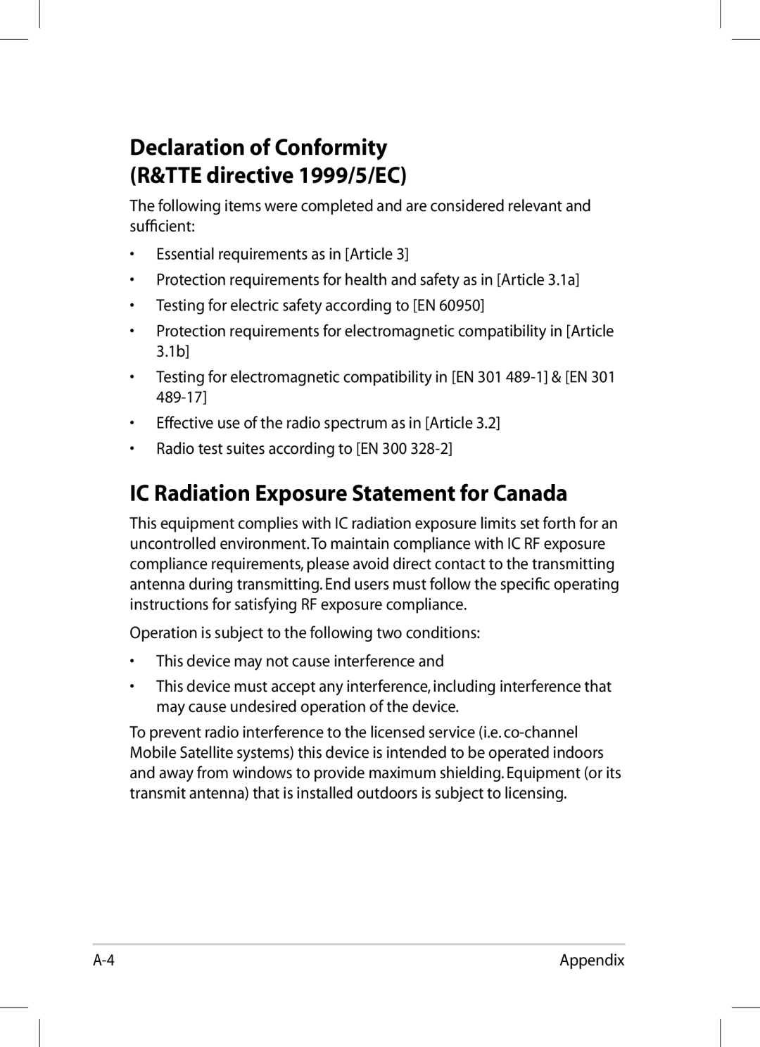 Asus 1008P-KR-PU27-PI IC Radiation Exposure Statement for Canada, Declaration of Conformity R&TTE directive 1999/5/EC 