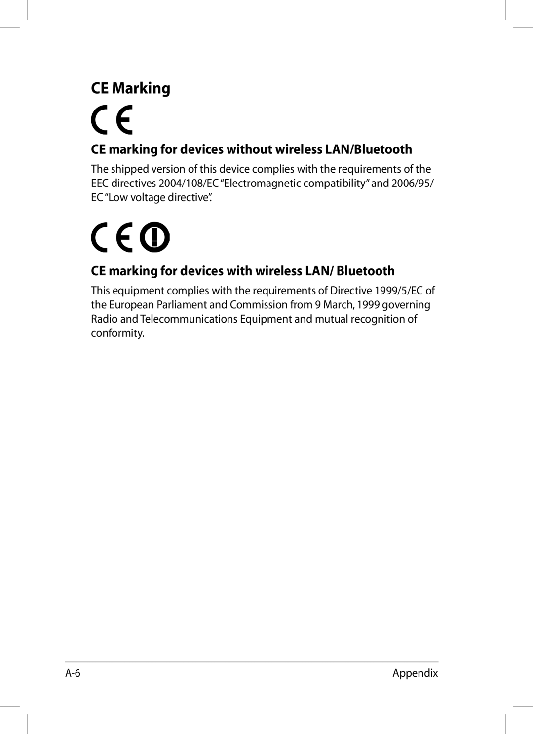 Asus 1008P-KR-PU27-PI user manual CE Marking, CE marking for devices without wireless LAN/Bluetooth 