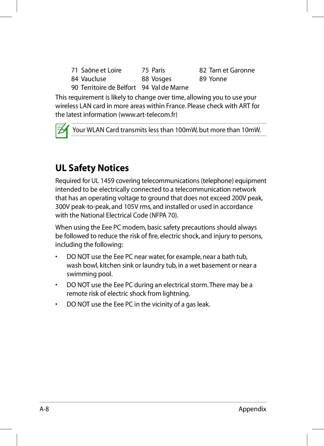 Asus 1008P-KR-PU27-PI user manual UL Safety Notices 