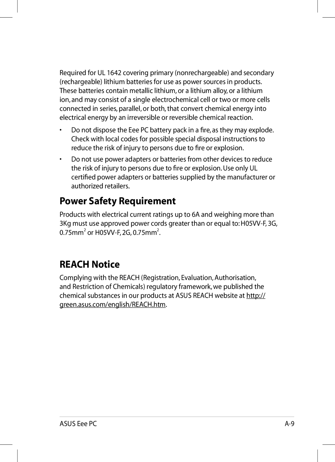 Asus 1008P-KR-PU27-PI user manual Power Safety Requirement, Reach Notice 