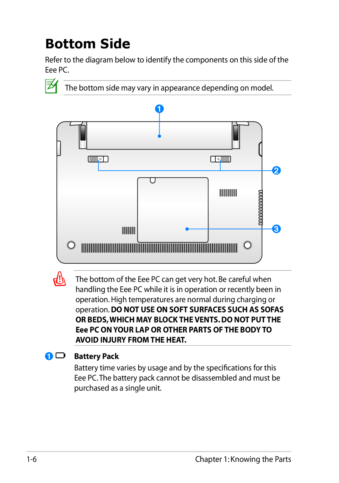 Asus 1025C-MU17-WT user manual Bottom Side, Battery Pack 