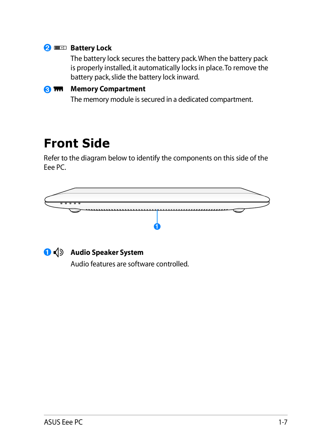 Asus 1025C-MU17-WT user manual Front Side, Battery Lock, Memory Compartment, Audio Speaker System 