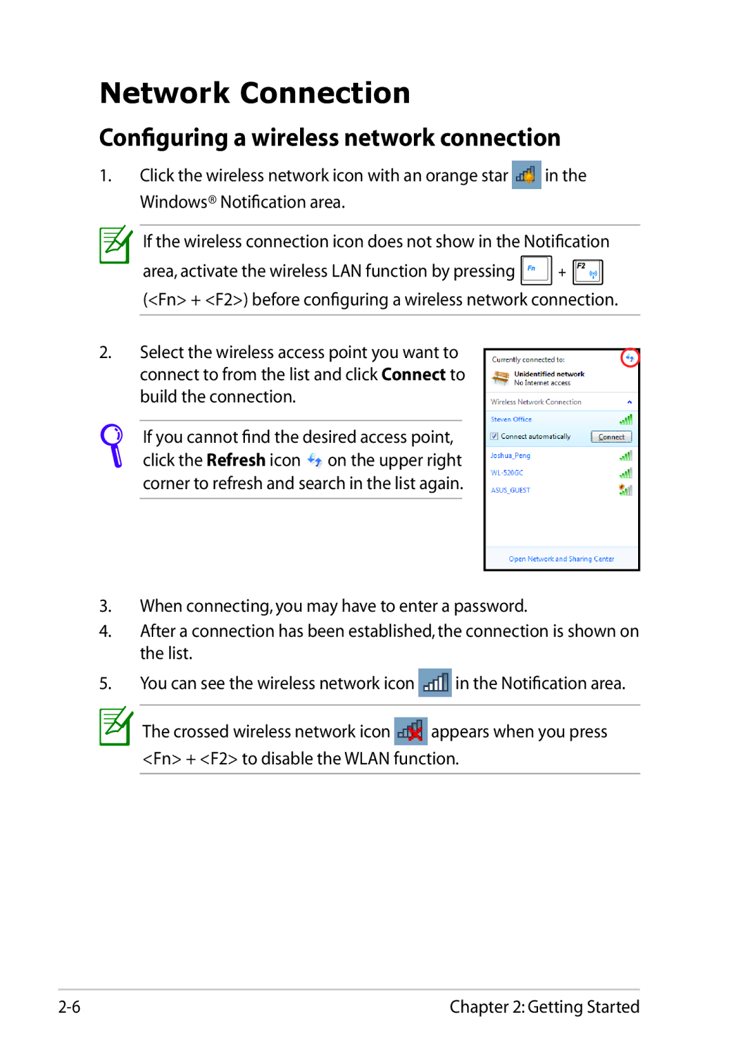 Asus 1025C-MU17-WT user manual Network Connection, Configuring a wireless network connection 