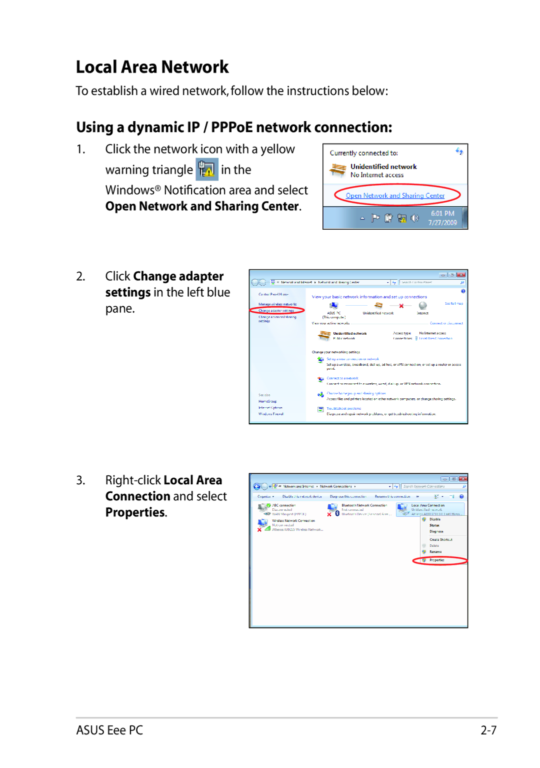 Asus 1025C-MU17-WT user manual Local Area Network, Using a dynamic IP / PPPoE network connection 