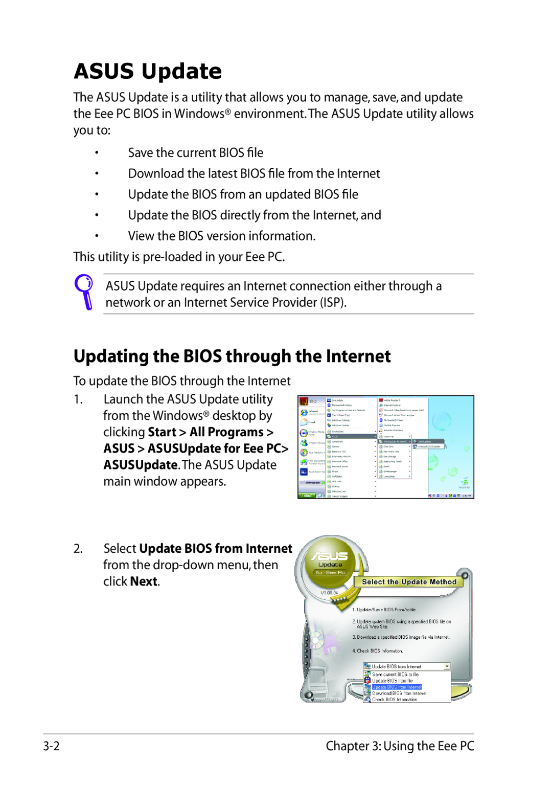 Asus 1025C-MU17-WT user manual Asus Update, Updating the Bios through the Internet 