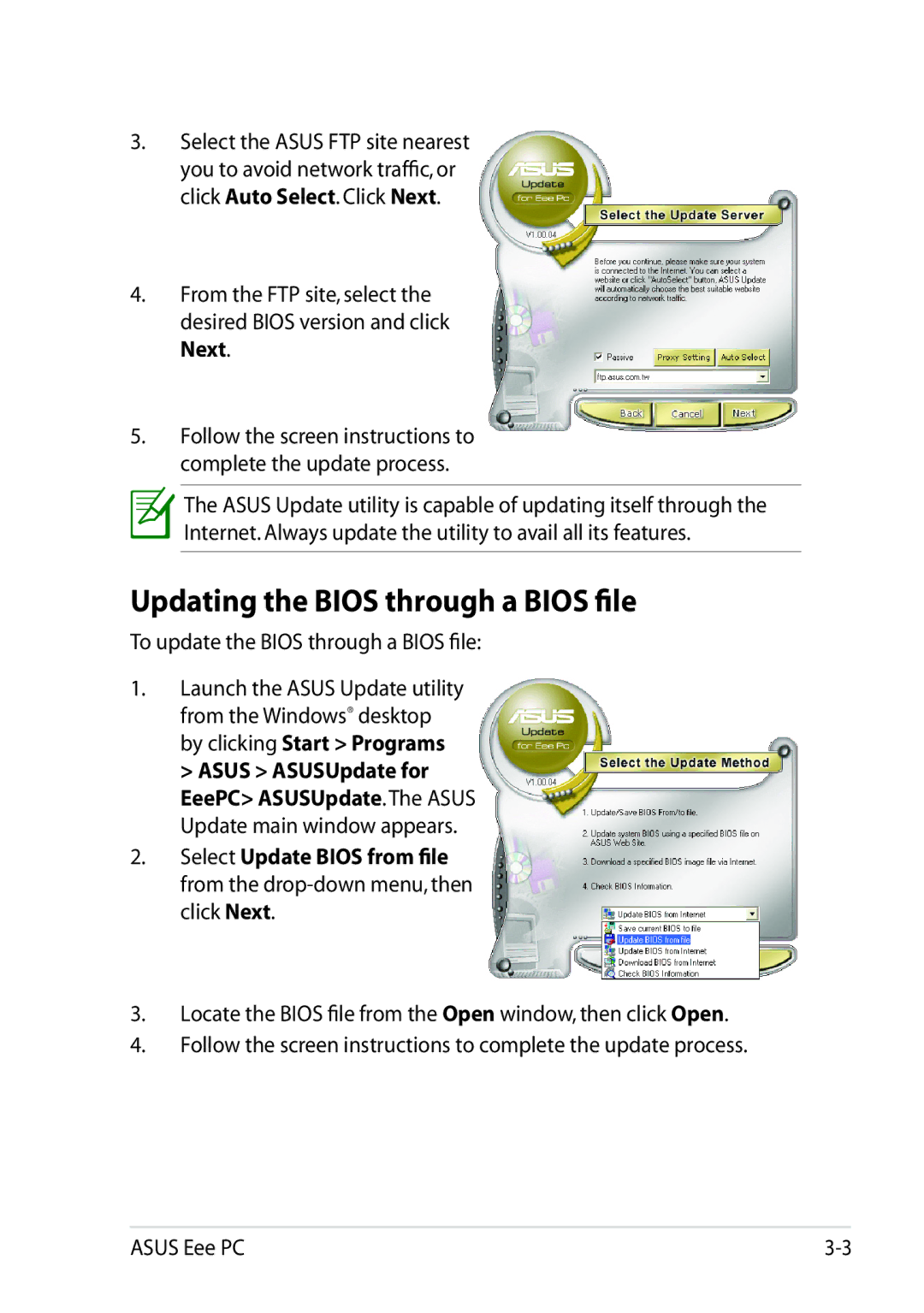 Asus 1025C-MU17-WT user manual Updating the Bios through a Bios file, To update the Bios through a Bios file 