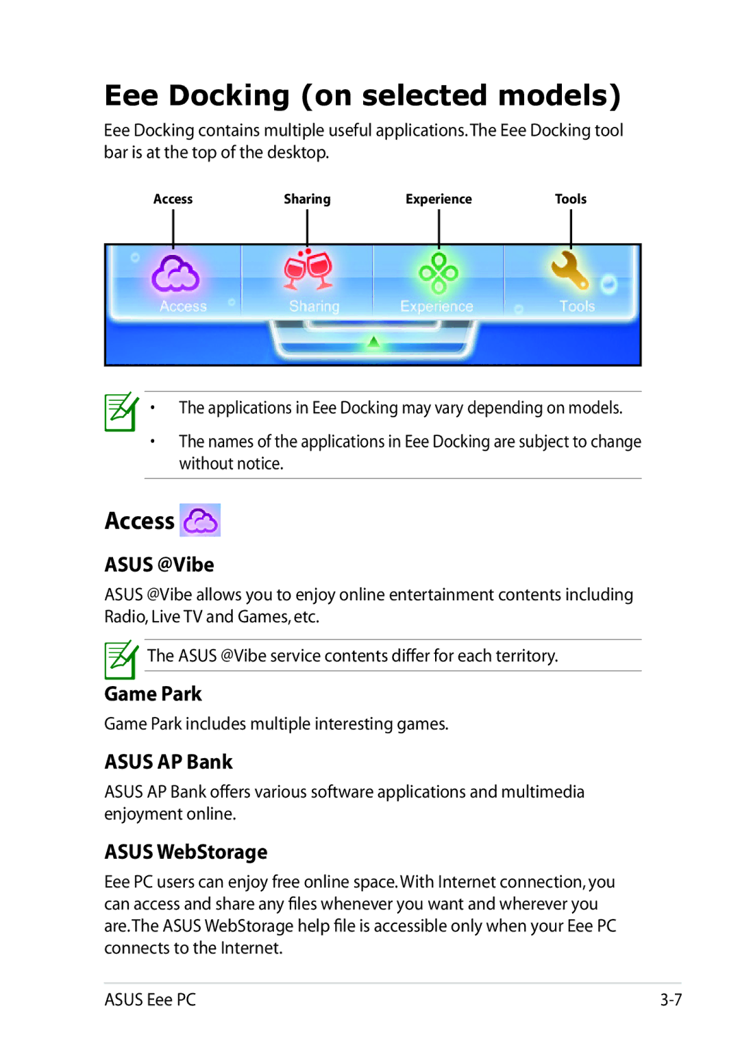 Asus 1025C-MU17-WT user manual Eee Docking on selected models, Access 