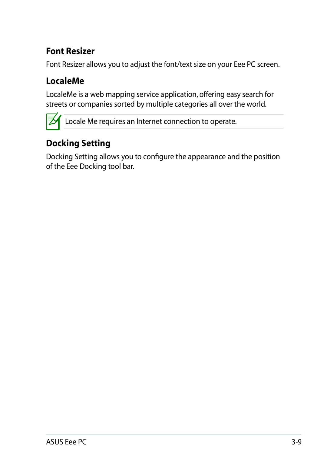 Asus 1025C-MU17-WT user manual Font Resizer, LocaleMe, Docking Setting 