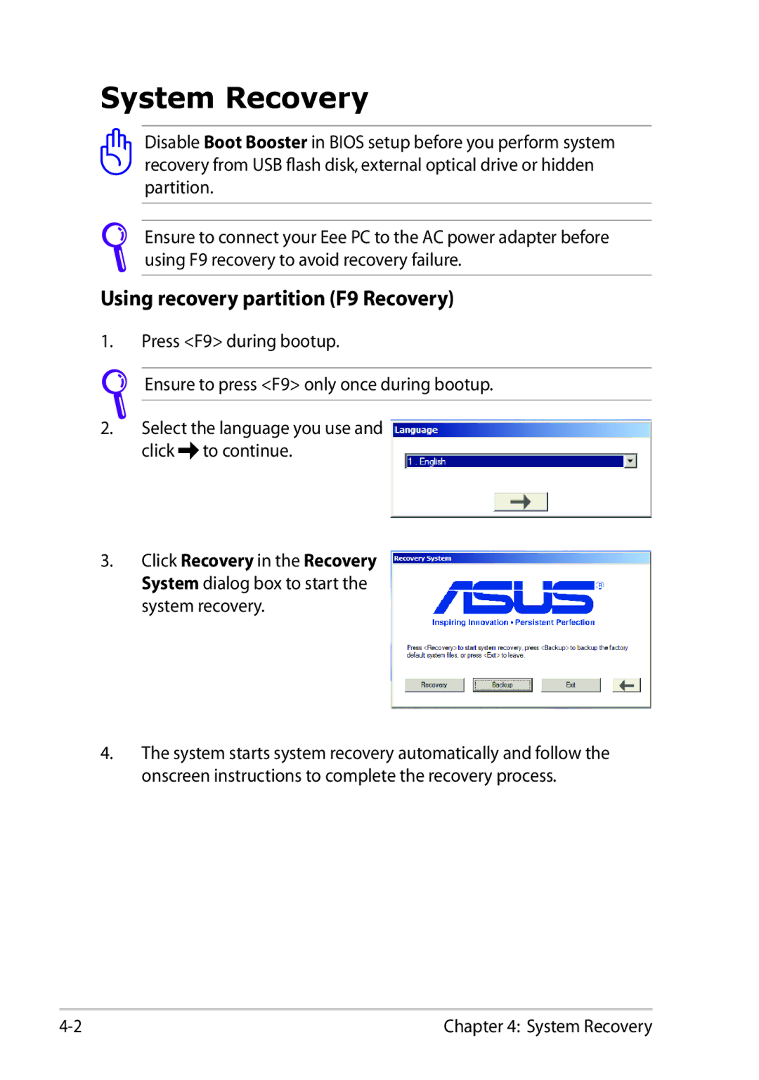 Asus 1025C-MU17-WT user manual System Recovery, Using recovery partition F9 Recovery 