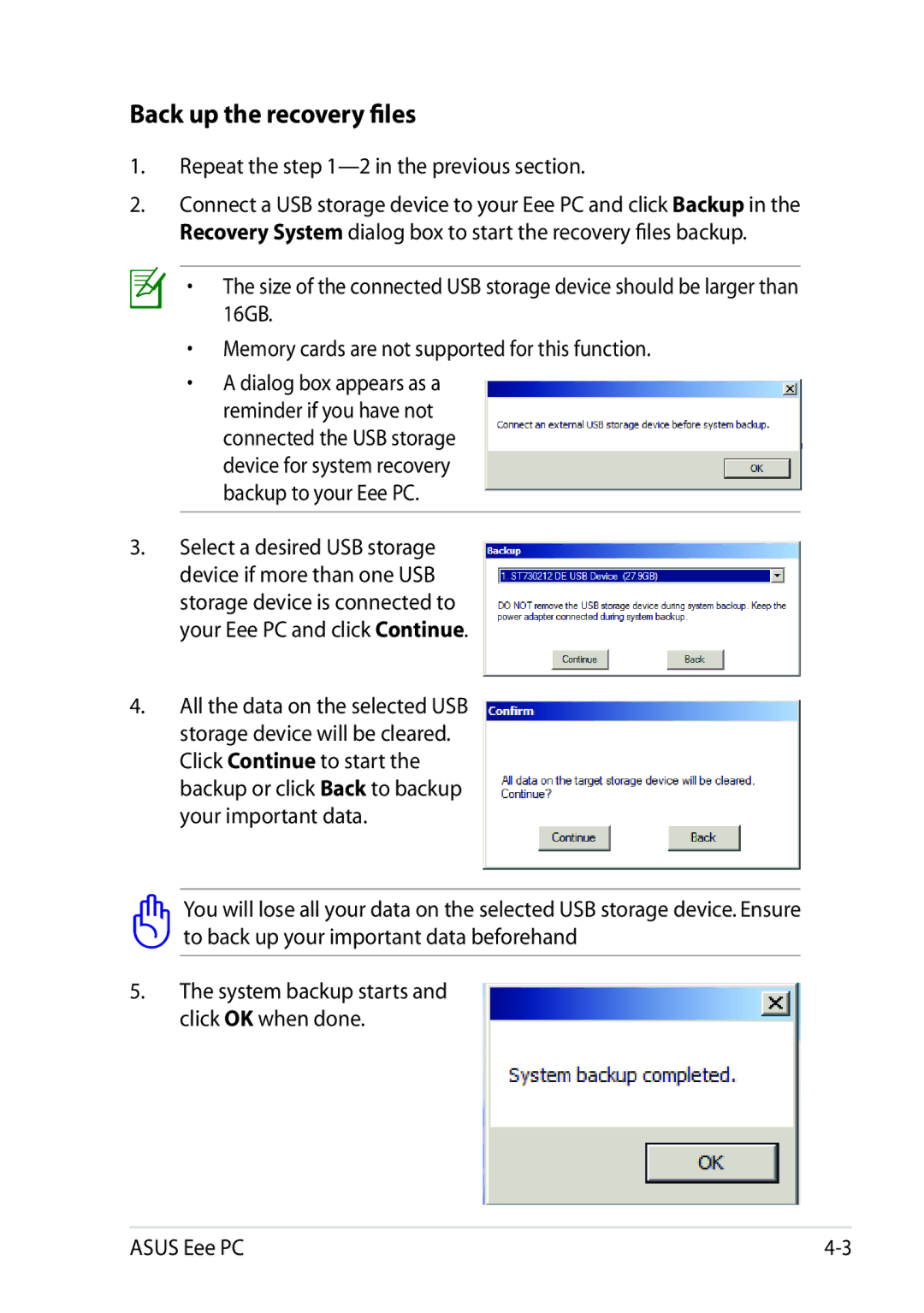 Asus 1025C-MU17-WT user manual Back up the recovery files, Repeat the -2 in the previous section 