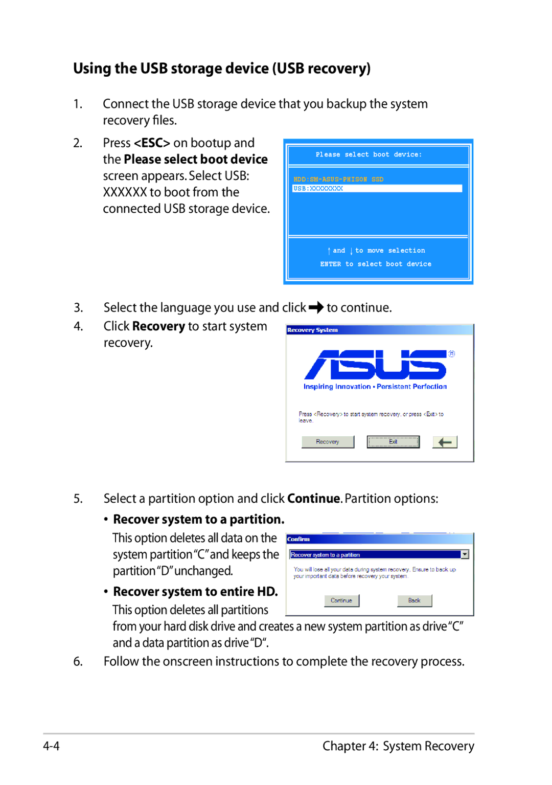 Asus 1025C-MU17-WT user manual Using the USB storage device USB recovery 