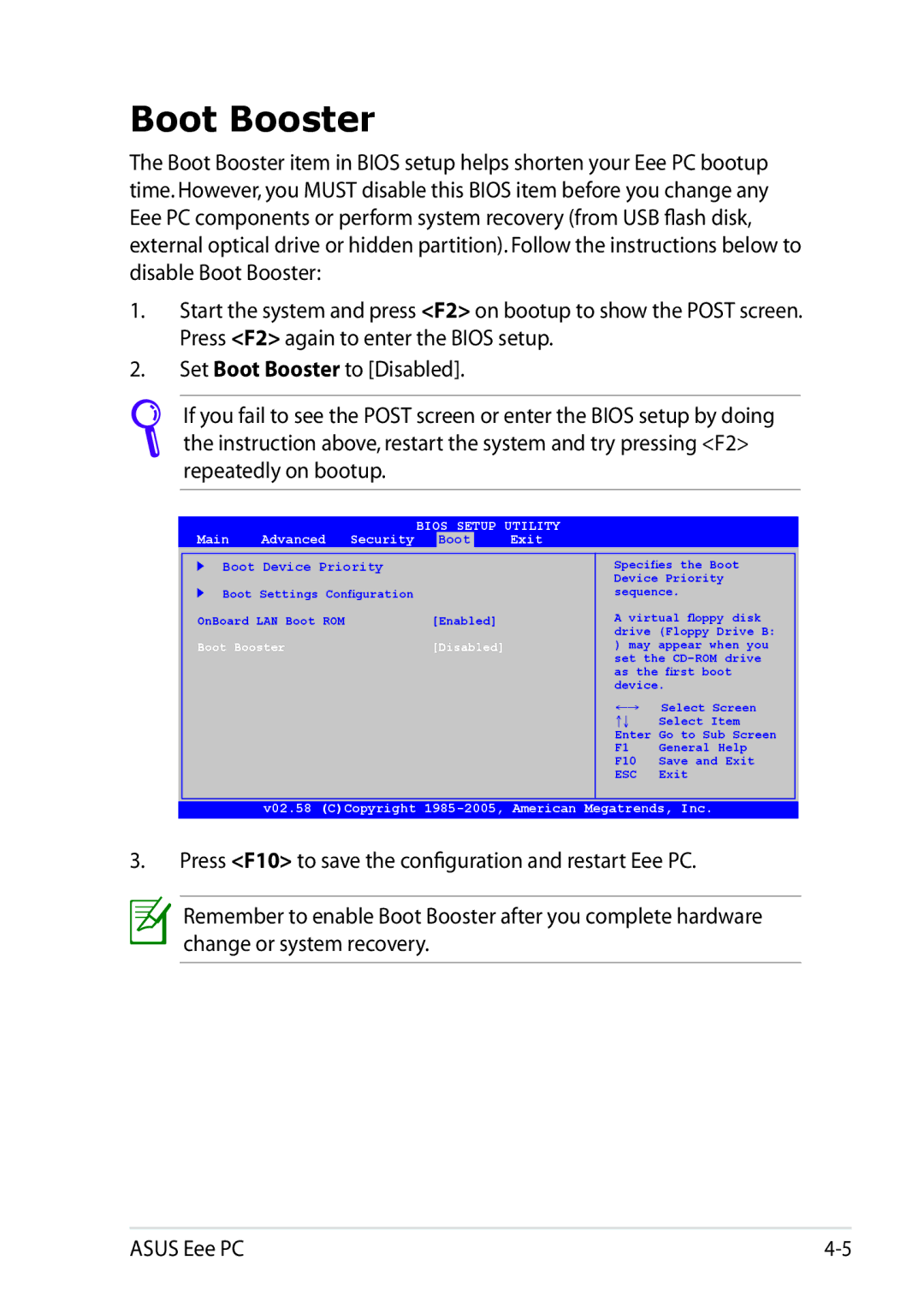 Asus 1025C-MU17-WT user manual Boot Booster, Bios Setup Utility 