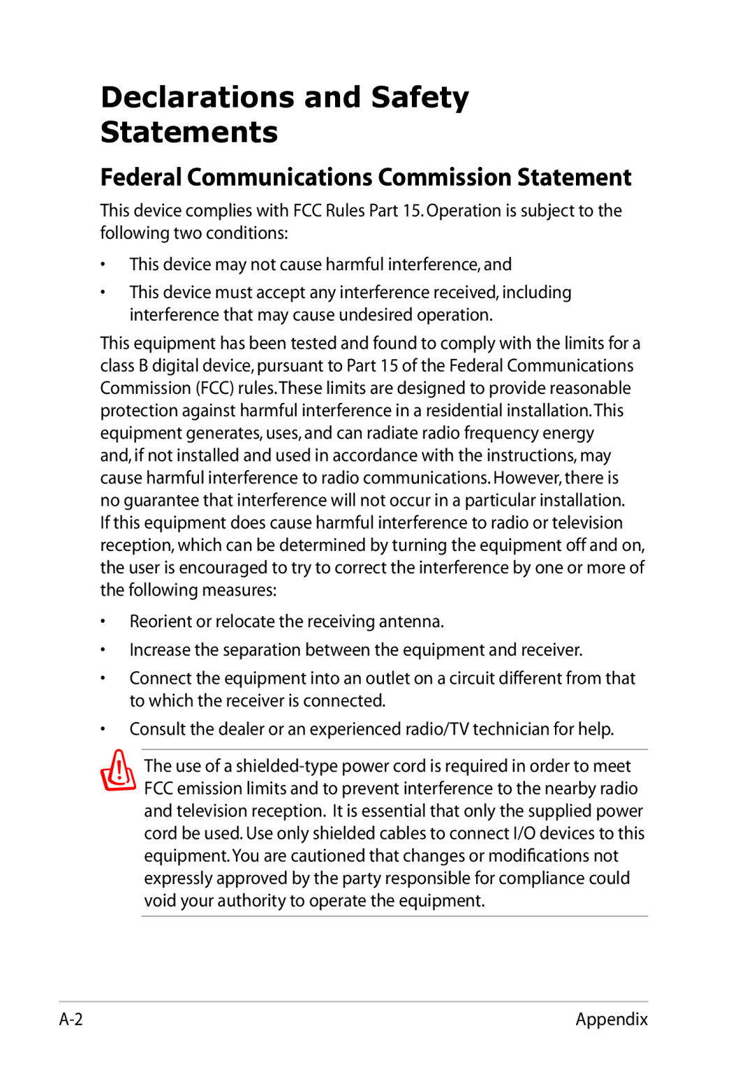 Asus 1025C-MU17-WT user manual Declarations and Safety Statements, Federal Communications Commission Statement 