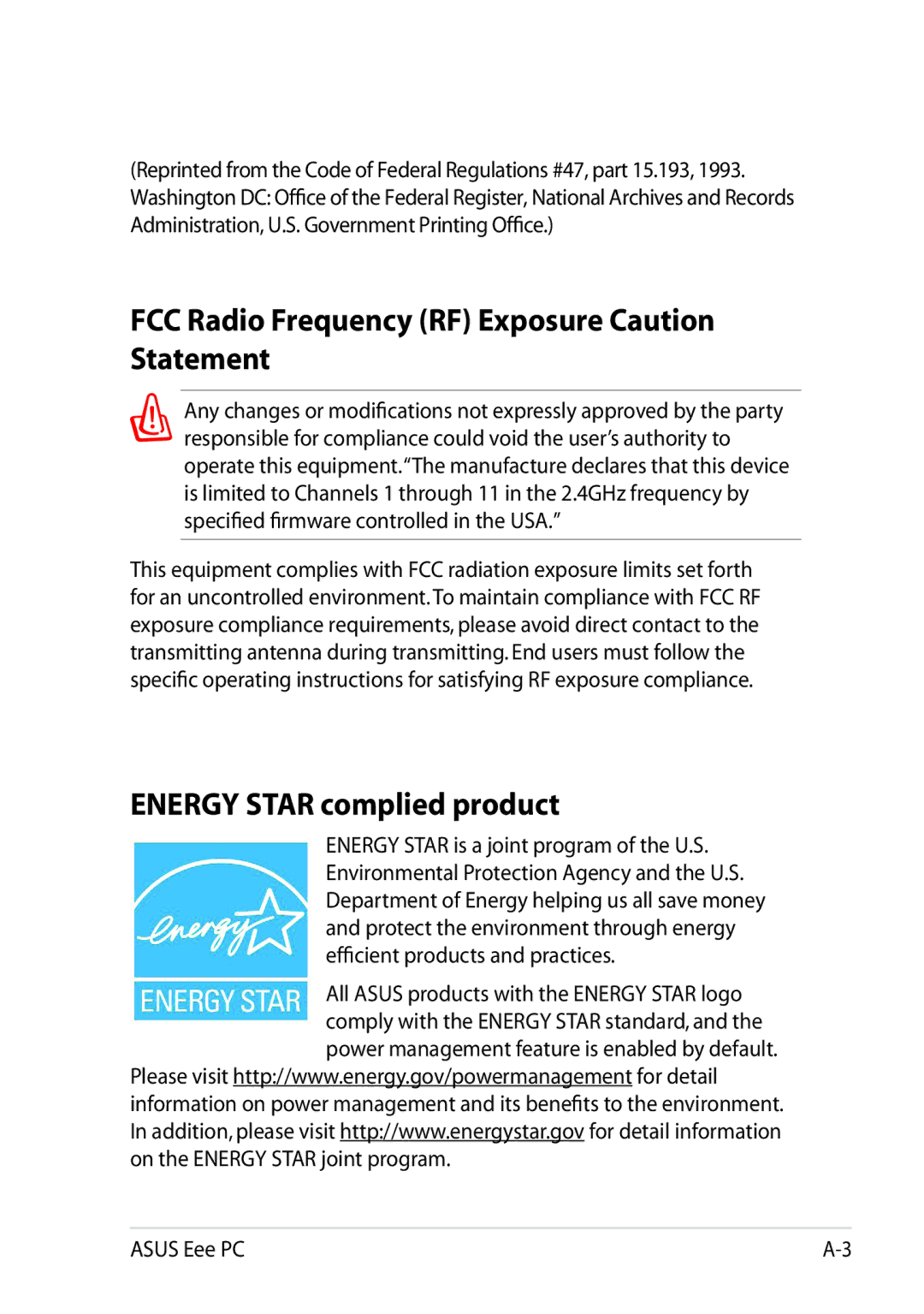 Asus 1025C-MU17-WT user manual FCC Radio Frequency RF Exposure Caution Statement, Energy Star complied product 