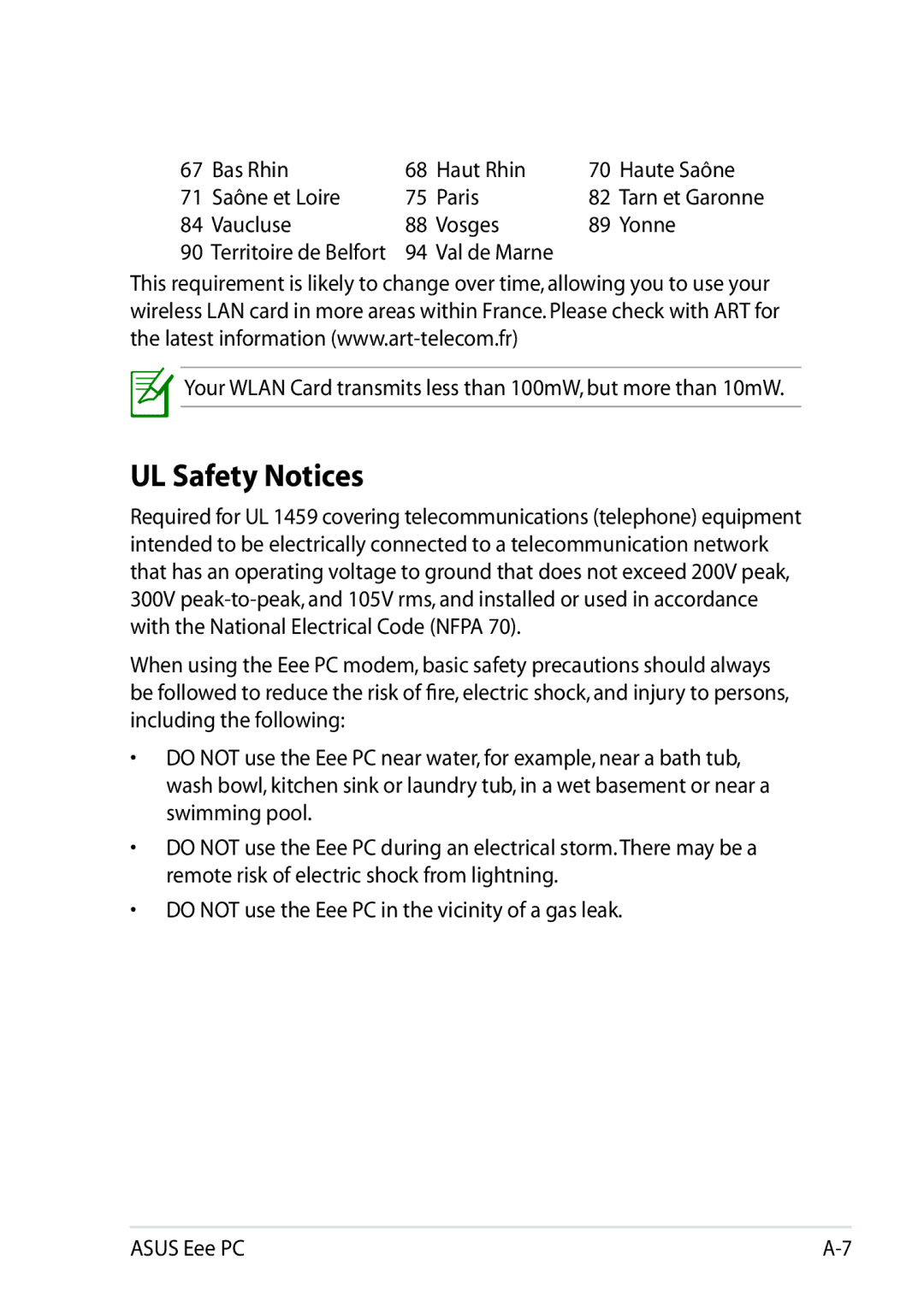 Asus 1025C-MU17-WT user manual UL Safety Notices 