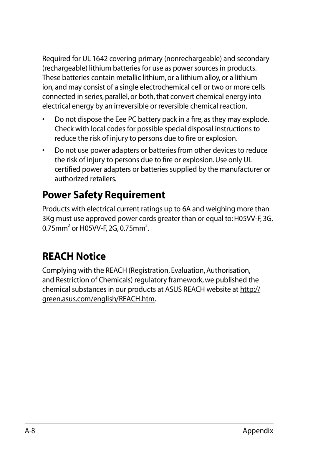 Asus 1025C-MU17-WT user manual Power Safety Requirement, Reach Notice 