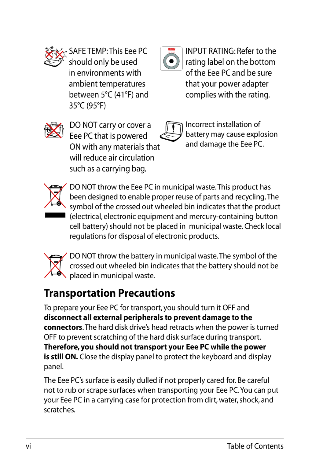 Asus 1025C-MU17-WT user manual Transportation Precautions 