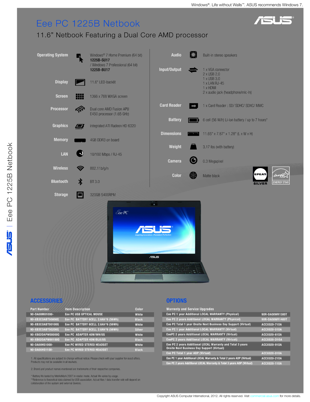 Asus 1225B-SU17-BK warranty Accessories, Options 