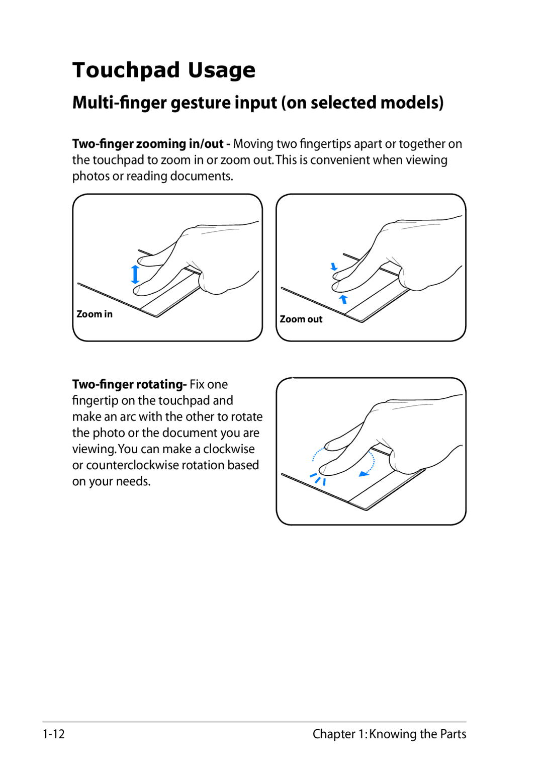 Asus 1225C-MU10-BK user manual Touchpad Usage, Multi-finger gesture input on selected models 