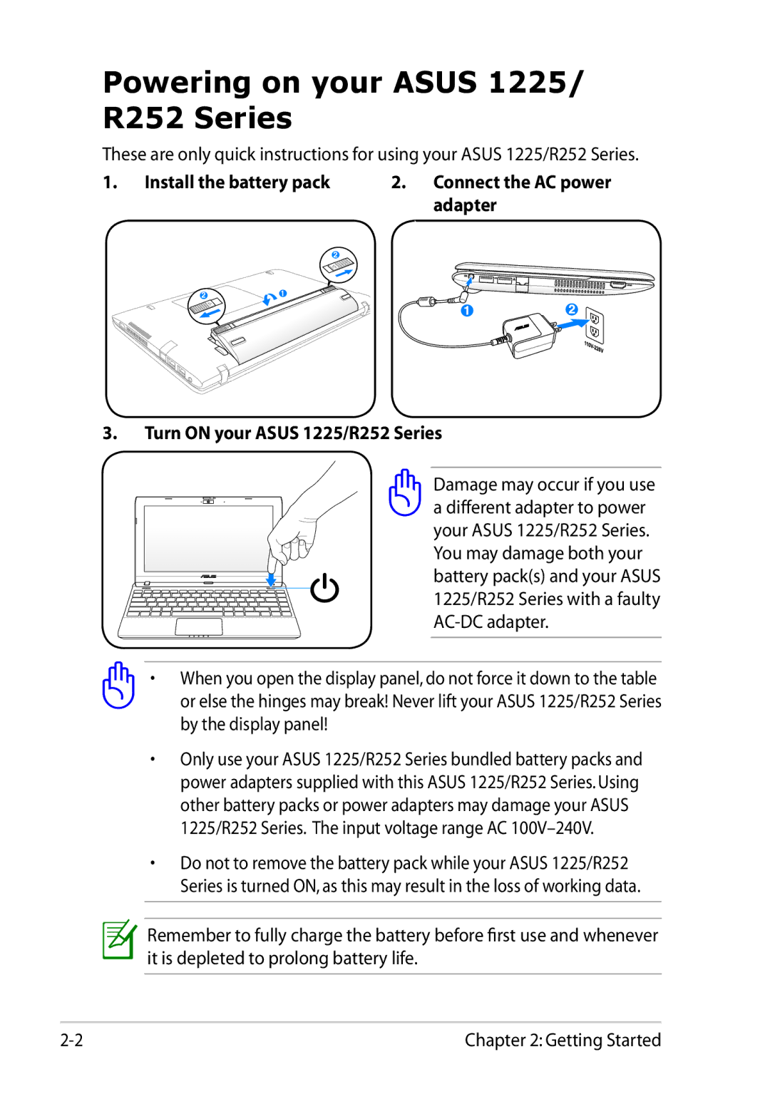 Asus 1225C-MU10-BK user manual Powering on your Asus 1225/ R252 Series, Turn on your Asus 1225/R252 Series 